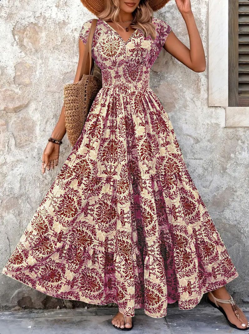 2025 vintage printed dress fashionable and elegant V-neck short sleeved jumpsuit long skirt women's clothing