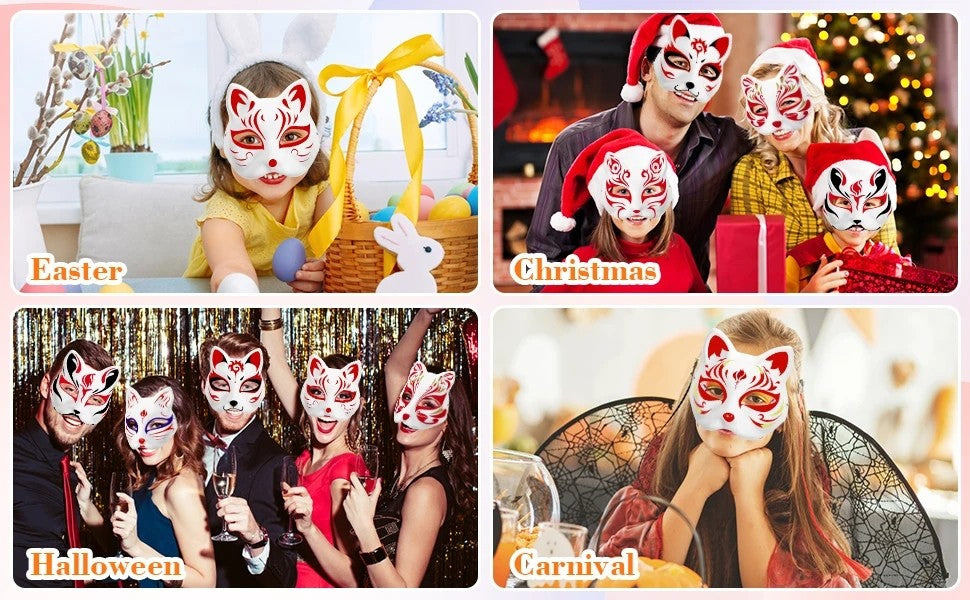 5PCS Therian Masks White Cat Masks Blank DIY Halloween Mask Animal Half Facemasks Masquerade Cosplay Party