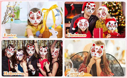5PCS Therian Masks White Cat Masks Blank DIY Halloween Mask Animal Half Facemasks Masquerade Cosplay Party