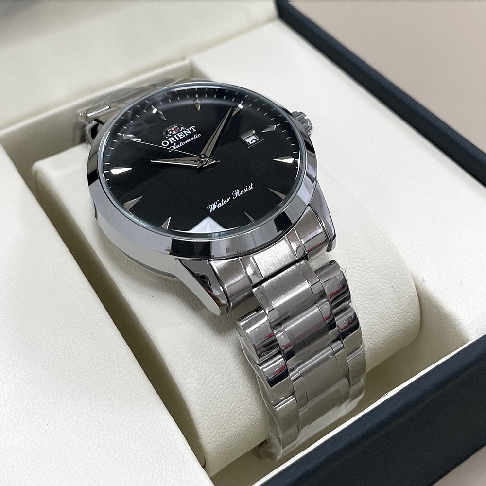 Orient Automático Masculino, Mostrador Preto, Pulseira de Aço Inoxidável, Relógio de Pulso Clássico de Negócios Resistente à Água com Exibição de Data