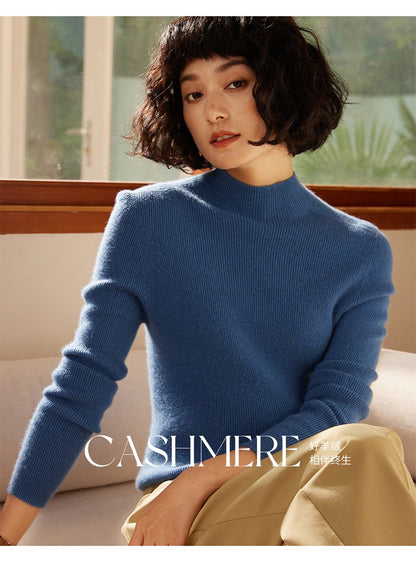 Autumn and winter new women's 100% pure cashmere semi high neck pullover sweater knitted slim fit hot selling women's top