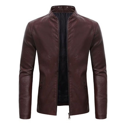 2024 Spring New Men's Business Casual Slim Long-sleeved Pu Leather Jacket Jacket Side Seam Pocket Zipper Solid Color