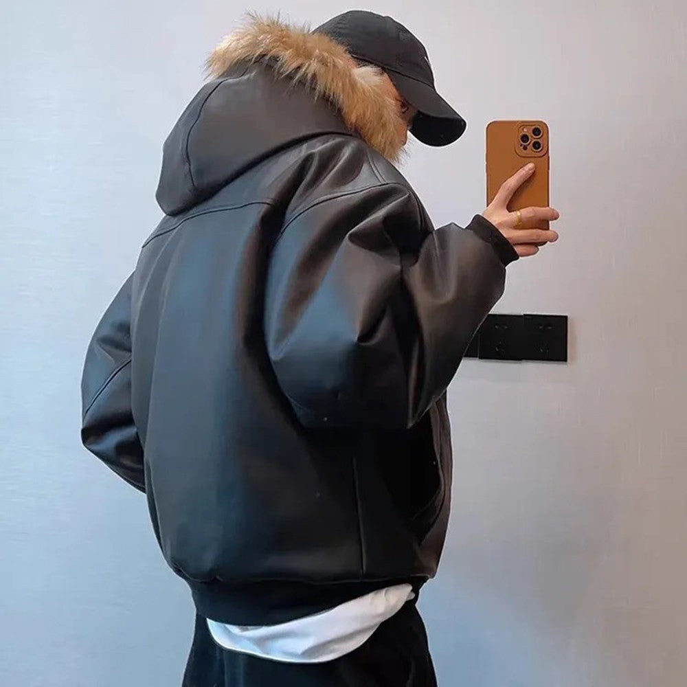 Winter American retro fashion brand handsome all-match warm detachable hat heavy PU leather cotton coat thickened jacket for men