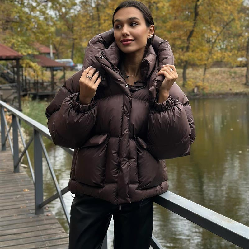 Casual Hooded Padded Jackets Women's Loose Full Sleeves Zipper Pockets Stand Collar Coats 2025 New Autumn Winter Ladies Outwear