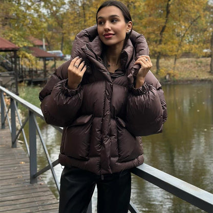 Casual Hooded Padded Jackets Women's Loose Full Sleeves Zipper Pockets Stand Collar Coats 2025 New Autumn Winter Ladies Outwear