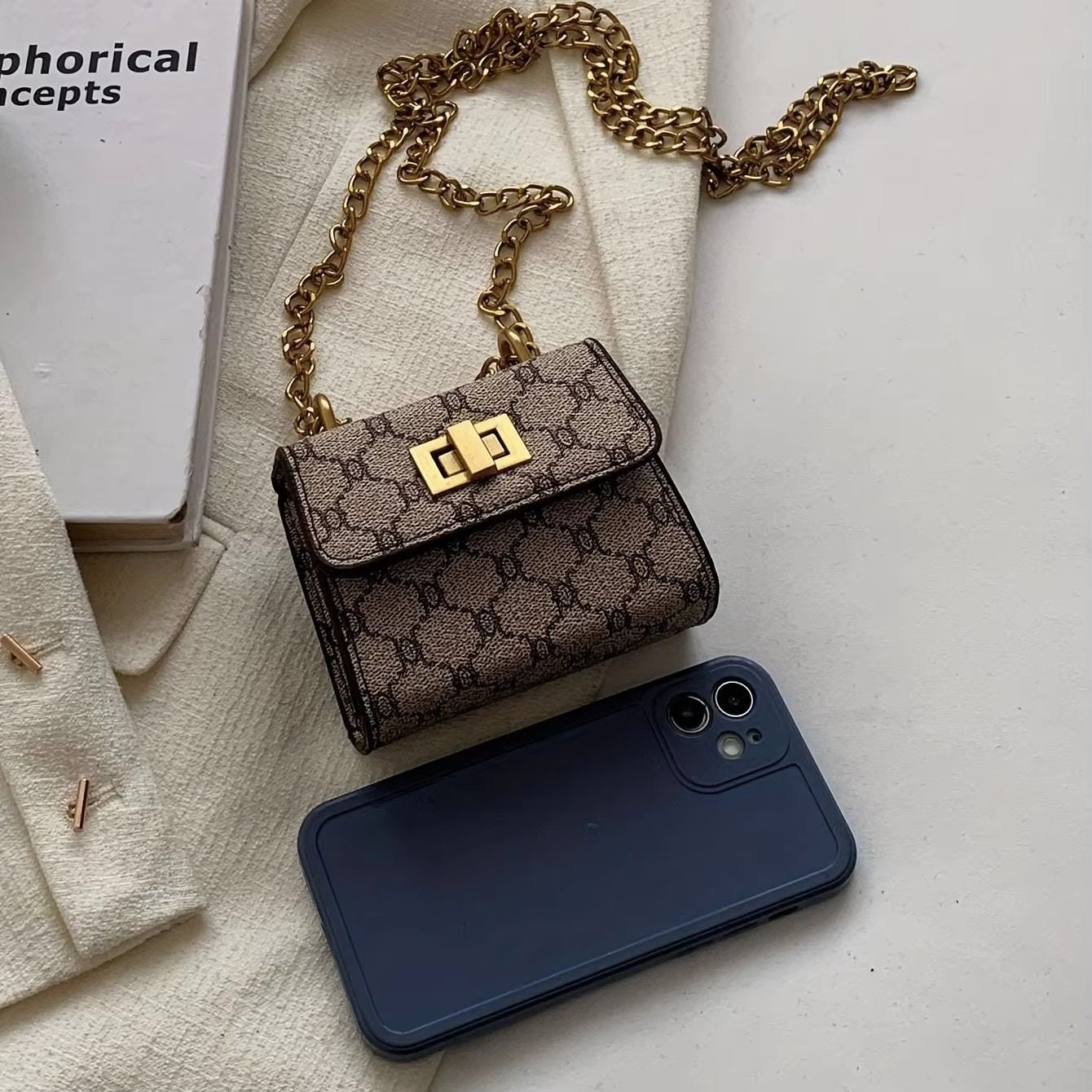 Stylish Mini Crossbody Bag with Buckle Closure Geometric Pattern  Faux Leather  Faux Leather Lining Purse Painted Edge Detail