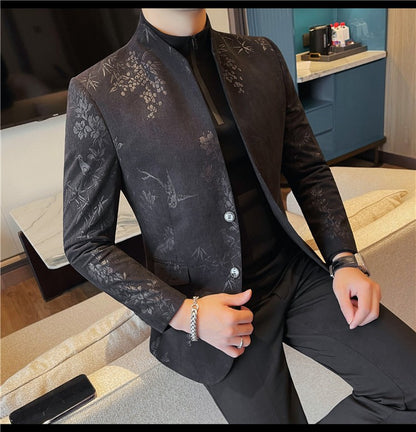 Men's New Chinese Stand Collar Blazer Jacket 2025 Fashion Elegant Printed Slim Fit Business Suits Jacket Tailcoat Men Clothing