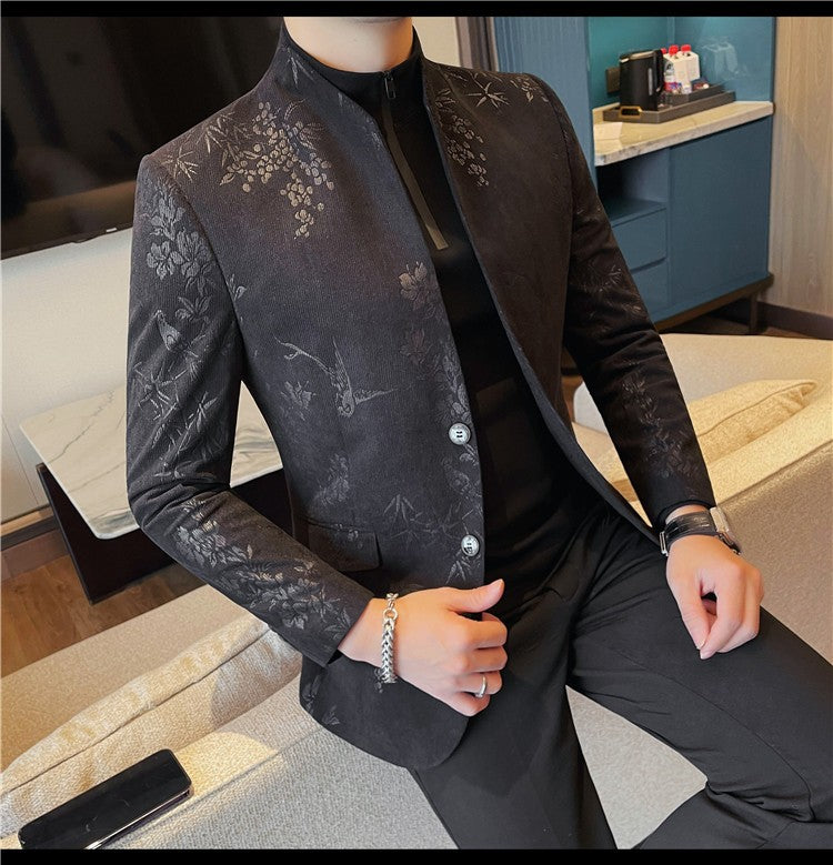 Men's New Chinese Stand Collar Blazer Jacket 2025 Fashion Elegant Printed Slim Fit Business Suits Jacket Tailcoat Men Clothing