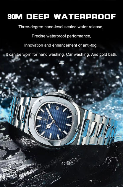 POEDAGAR Fashion Square Quartz Man Clock Waterproof Luminous Date Stainless Steel Watches For Men Luxury Business Men Wristwatch