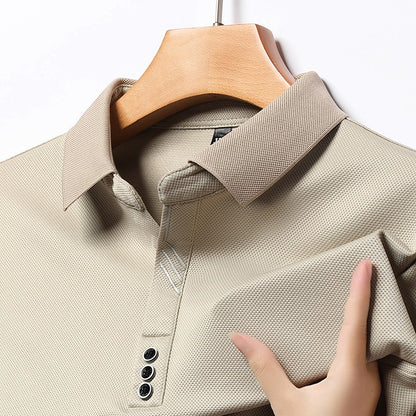 New Men's Long-sleeved Polo Shirt Sweatwear Business Casual Top Fashion Classic Solid Color Male Brand Basic V-neck Top