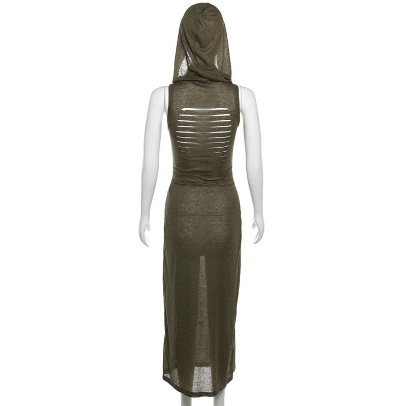 Goth Dark Cyber Gothic Desert Walker Hooded Dresses Y2k Punk Grunge Hollow Out M