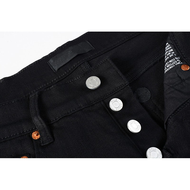 The Best Seller American High Street Men's Distressed Blank Black Stretch Skinny Button Fly Ripped Jeans Pants