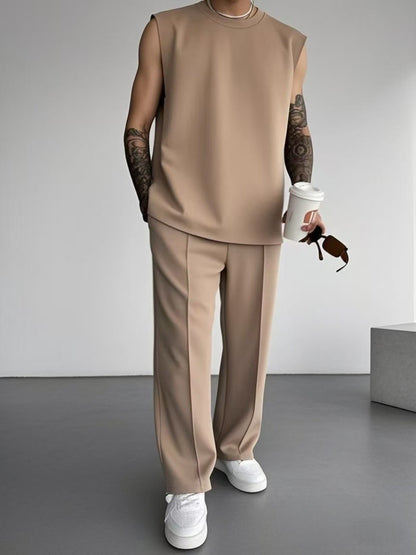 New summer sleeveless sports suit 2025 men's casual solid color trousers men's clothing vest two-piece set,