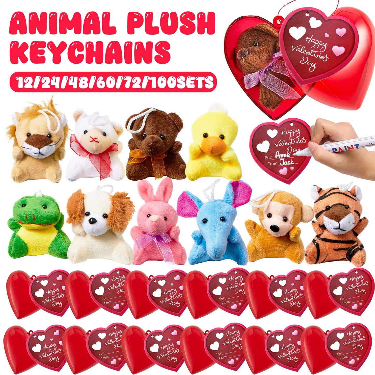 12-100 Conjuntos de Presentes de Dia dos Namorados para Crianças Chaveiro de Pelúcia de Animal com Cartões de Dia dos Namorados para Troca em Sala de Aula Lembrancinhas