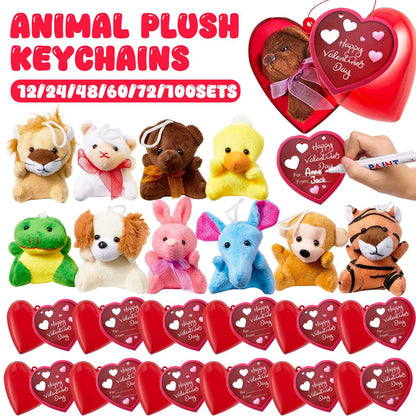 12-100 Conjuntos de Presentes de Dia dos Namorados para Crianças Chaveiro de Pelúcia de Animal com Cartões de Dia dos Namorados para Troca em Sala de Aula Lembrancinhas