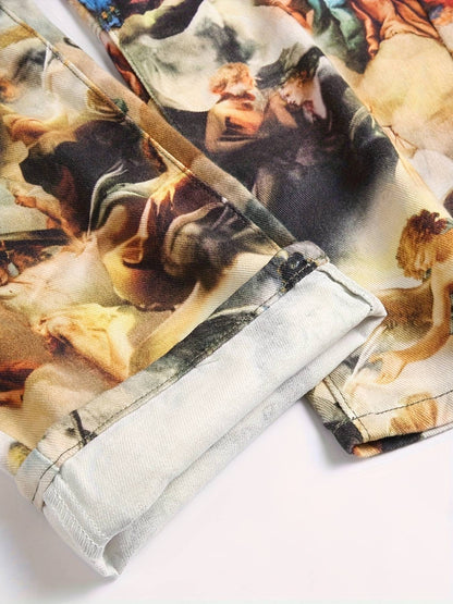 Men's creative oil painting printed jeans, European retro denim straight leg pants