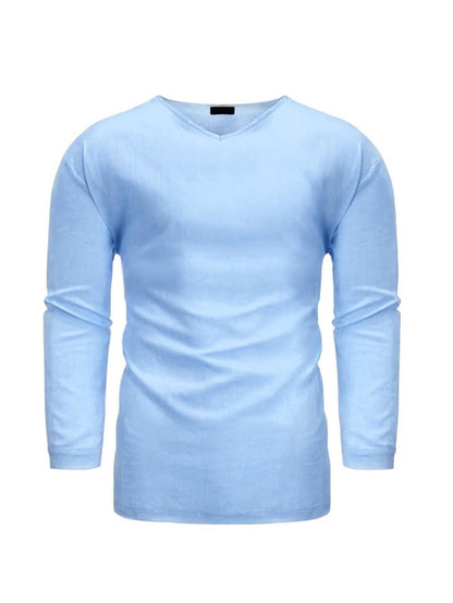 Men's Long Sleeve V-Neck Cotton Linen Loose Shirt