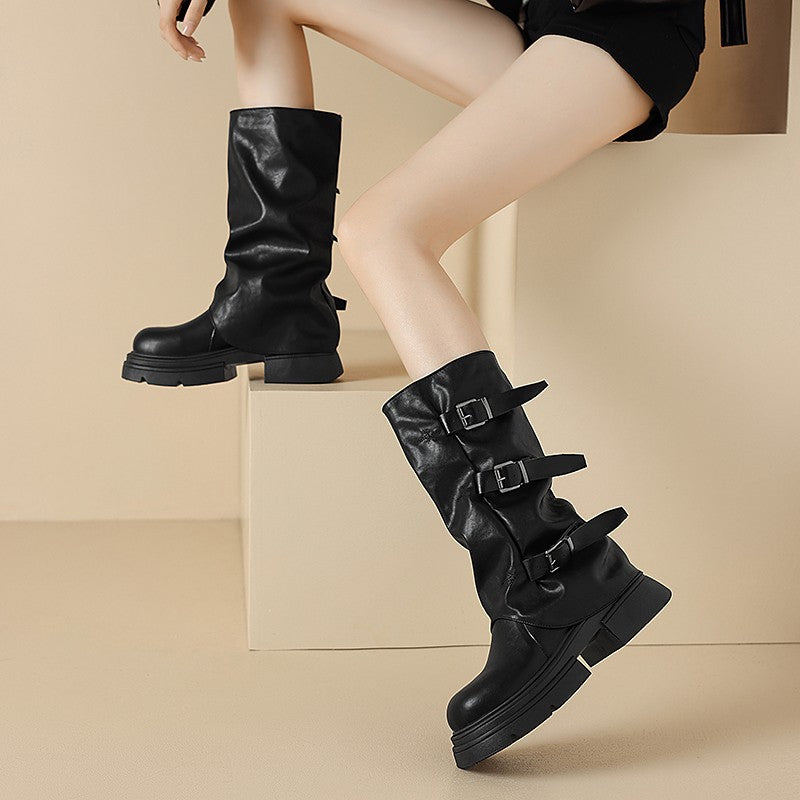 Pleated Buckle Knight Boots for Women Autumn Brown PU Leather Mid Calf Boots Woman Slip-On Thick Heel Riding Botas Mujer 2024