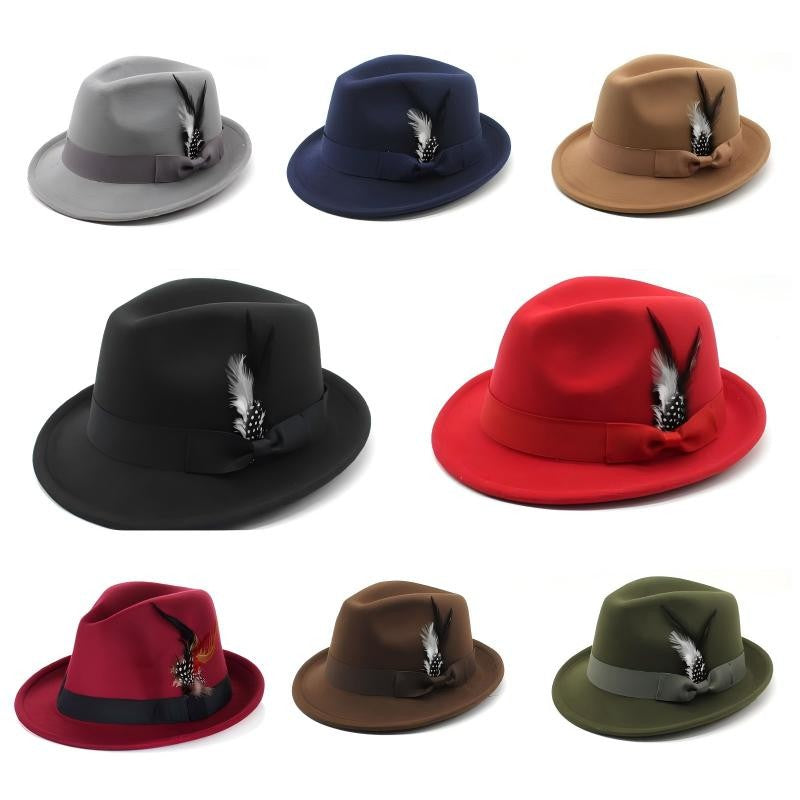 Bow-Knot Feather Hat Autumn and Winter Upturned Brim Hat Fashionable Men's and Women's Cashmere Felt Hat, Ethnic Style New Hat