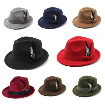 Bow-Knot Feather Hat Autumn and Winter Upturned Brim Hat Fashionable Men's and Women's Cashmere Felt Hat, Ethnic Style New Hat