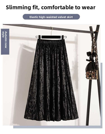 Plus Size Plus Size Women's Velvet Pleated A- Line Midi Skirt Autumn Winter Slimming Half-length Versatile Fashionable Commut...