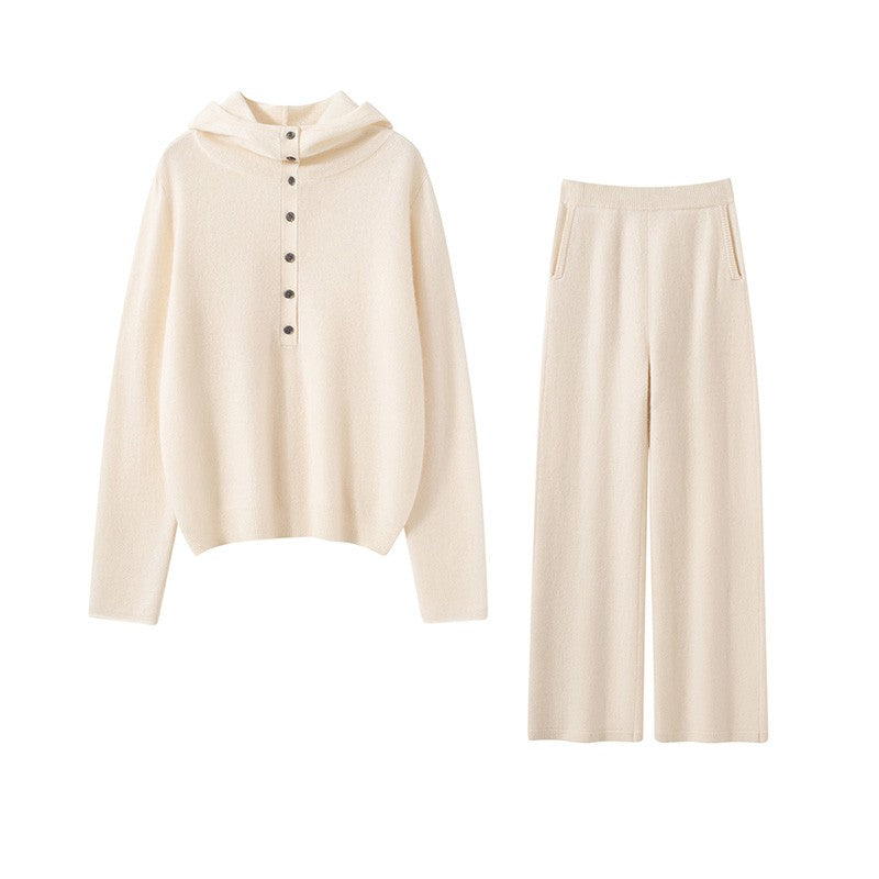 Autumn Winter New 100% Pure Cashmere Women Half Open Front Hoodie Set Knitted Two Piece Pullover Knitwear Wide Leg Pants