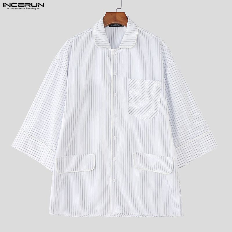 INCERUN Men Striped Shirt Lapel 3/4 Sleeve Oversize Casual Men Clothing Streetwear Korean Style Loose Fashion Tops Male Shirts