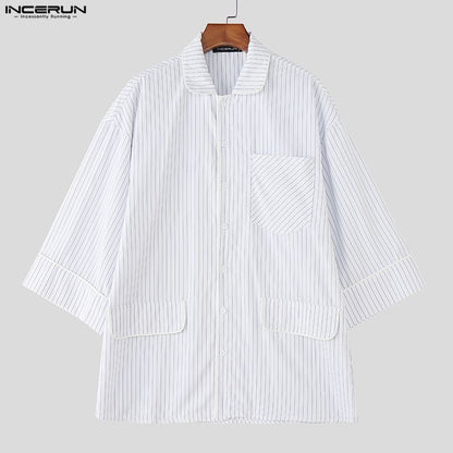 INCERUN Men Striped Shirt Lapel 3/4 Sleeve Oversize Casual Men Clothing Streetwear Korean Style Loose Fashion Tops Male Shirts