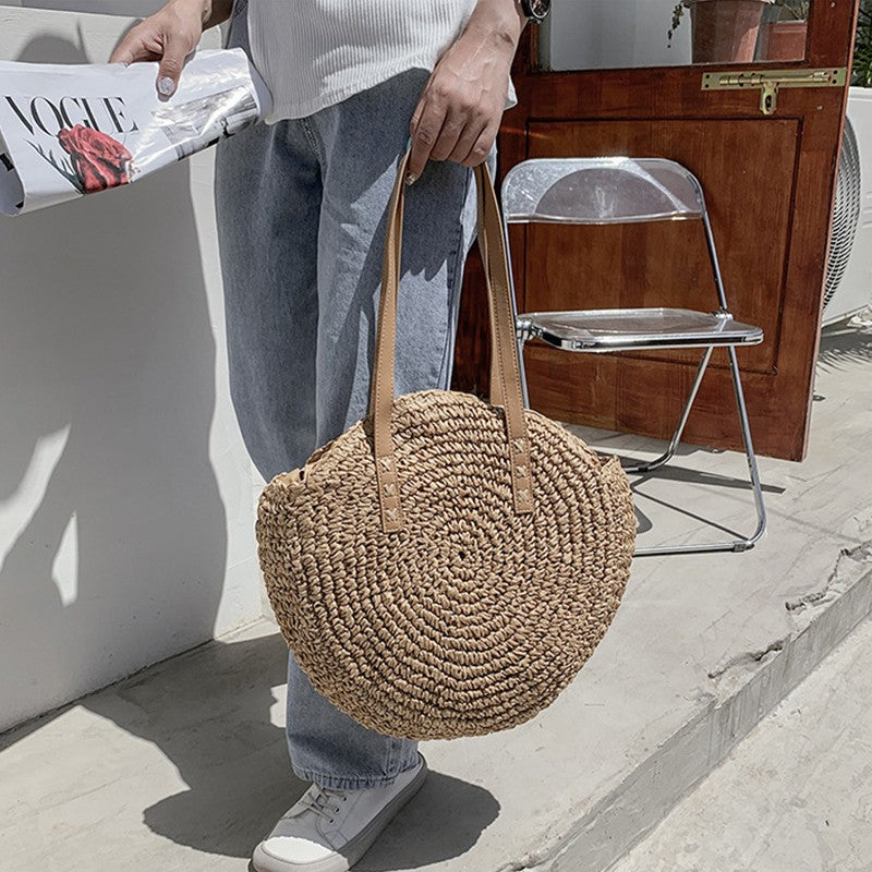 Summer Round Straw Bags for Women Rattan Shoulder Bag Travel Handmade Woven Beach Handbags Female Large Capacity Totes Bag