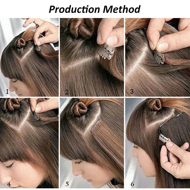 Extensão de cabelo liso longo sintético de 24 polegadas 7pçs/conjunto 16 clipes Penteado Preto Loiro Peruca para mulheres 2026