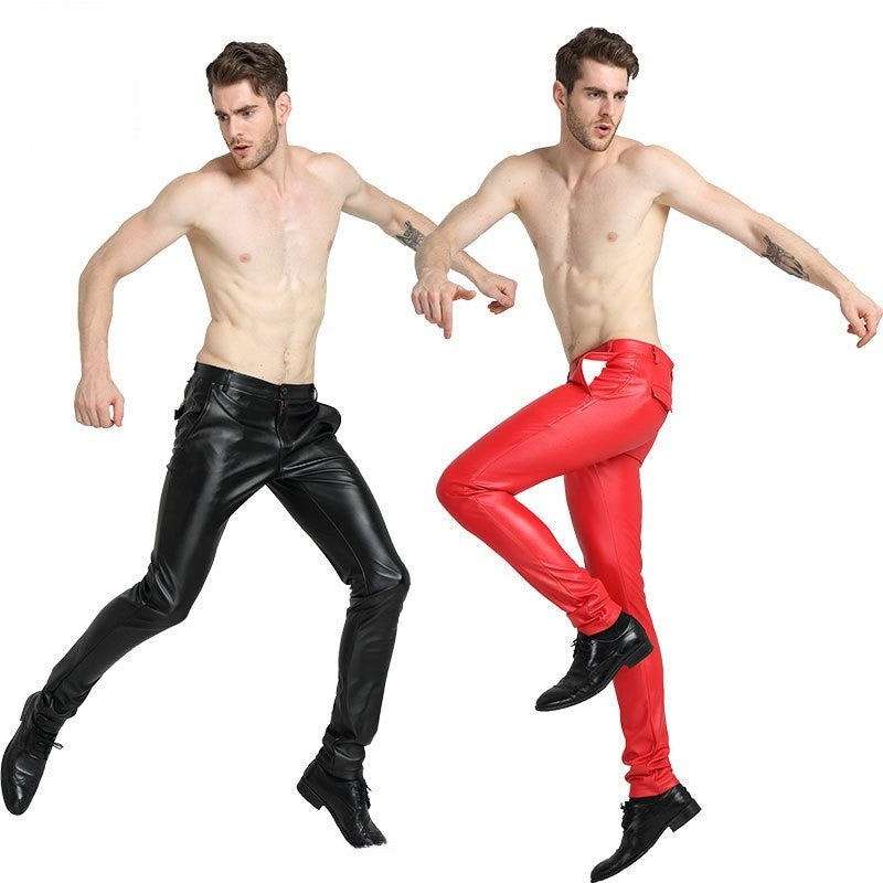 Men's Slim Fit Leather Pants Motorcycle Trendy Sle Long Trousers Thiened PU Fabric Summer Season Faionable Biker Pants