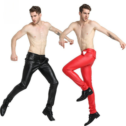 Men's Slim Fit Leather Pants Motorcycle Trendy Sle Long Trousers Thiened PU Fabric Summer Season Faionable Biker Pants