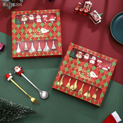 Stainless Steel Christmas Fork And Spoon Set with Gift Box for Coffee Tea Dessert Tableware