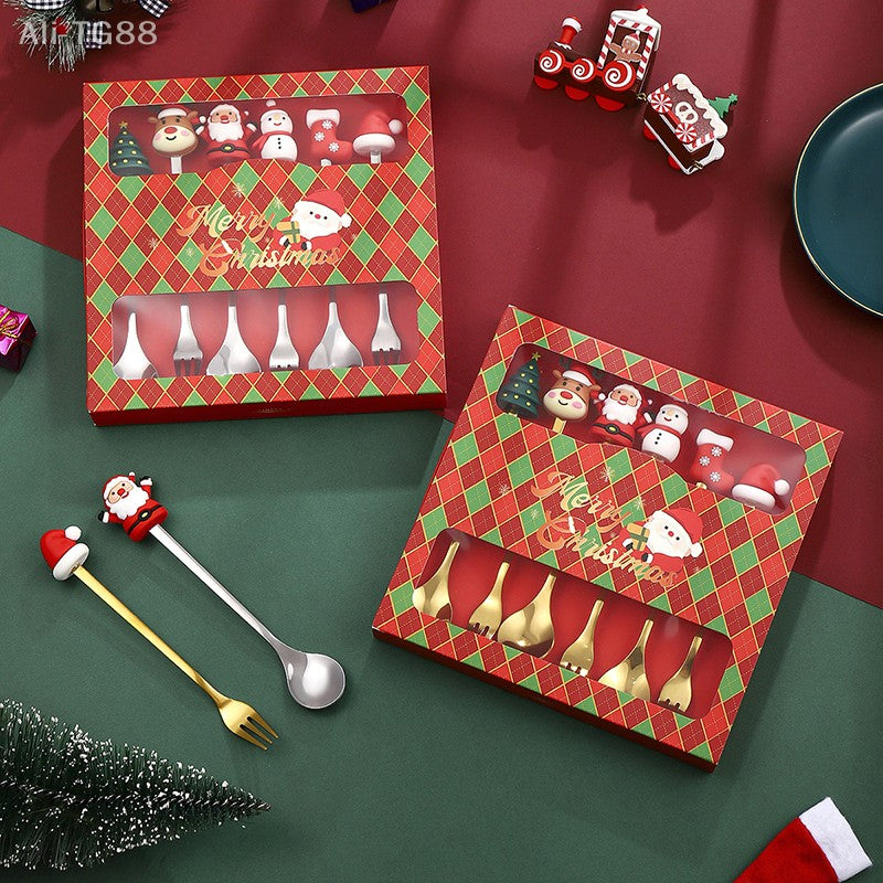 Stainless Steel Christmas Fork And Spoon Set with Gift Box for Coffee Tea Dessert Tableware