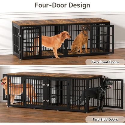Móvel Gaiola Dupla para Cães de 78 Polegadas, Móvel Gaiola Extra Grande Reforçada com Divisória para 2 Cães, Canil Decorativo de Madeira