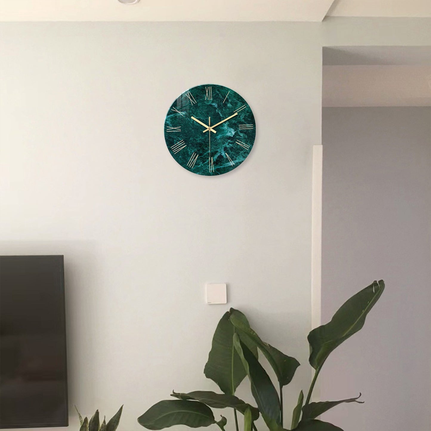 Creative Stylish Dark Green Marble Texture Pattern Tempered Glass Wall Clock Living Room Bedroom Kitchen Home Decoration Wall Clock Silent Quartz Clock Holiday Gift 12 Inches 14 Inches 16inch (Without Batteries)