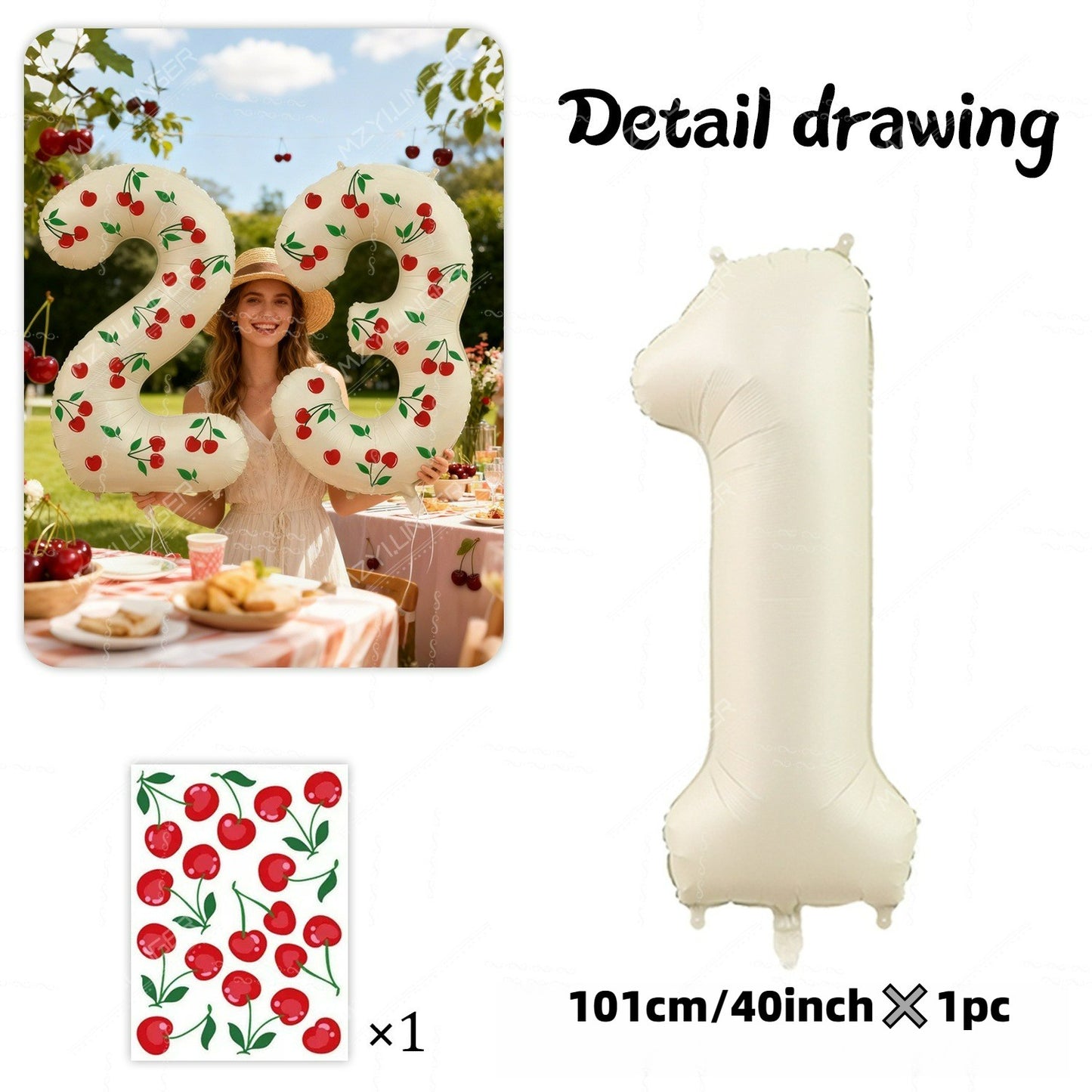 Cream White Number 0-9 Foil Balloons with Cherry Stickers Perfect for Cherry Theme Birthday Party Engagement Wedding Room Decor