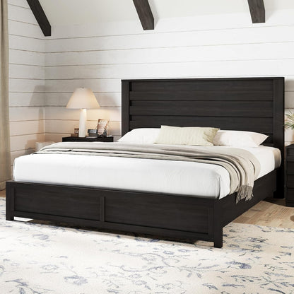 Farmhouse King Size Bed Frame with 49" Fluted Headboard, Wood Platform Bed with Natural Grain, No Box Spring Needed/Nois