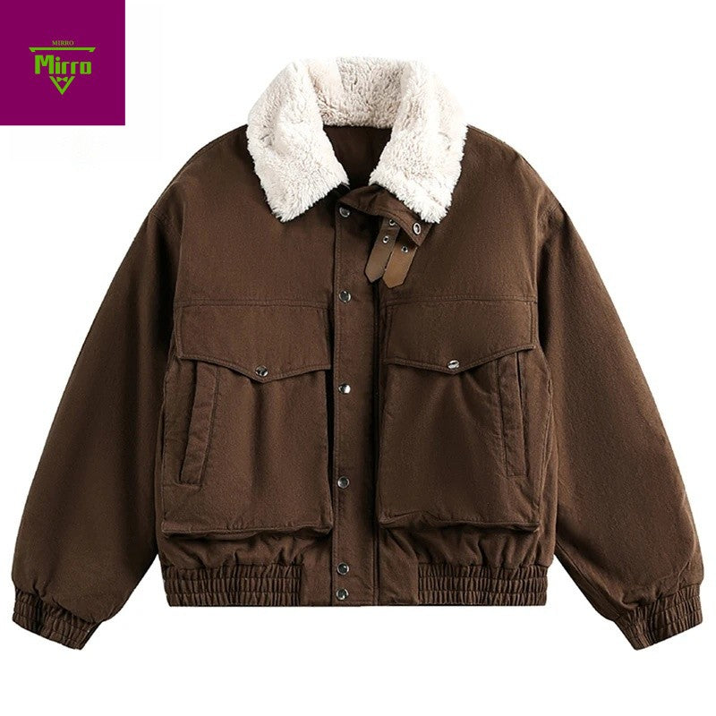 ?Mirrordust?Winter Jackets Men Thicken Warm Coat Vintage Loose Padded Jackets Big Pocket Fur Collar Jackets Outwear Unisex