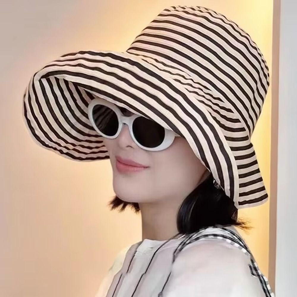 1Pcs Durable Sunproof Striped Bucket Hat Foldable Retro Summer Hat Big Head Circumference Fashion Sunscreen Basin Hat Women
