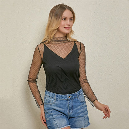 Women's Sexy Mesh Sheer Lace Blouses Perspective Long Sleeve Stand Collar Mesh Tops Striped Polka Dot Stars Party Tee Blouses