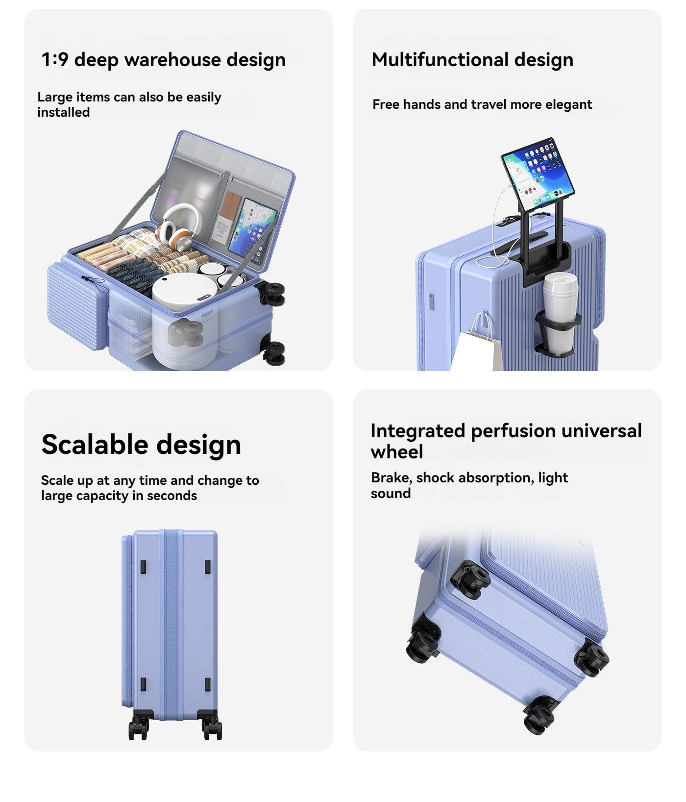 Nova Bagagem com Abertura Frontal de Grande Capacidade, Expansível, Porta-Copos, Carregamento USB, Alça Telescópica e Rodas Universais