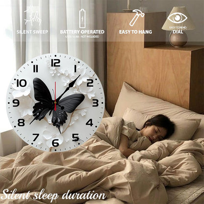 Black Butterfly Flower Wooden Round Silent Hanging Wall Clock,Suitable For Living Room,Office,Study Room,Bedroom,Home Decoration