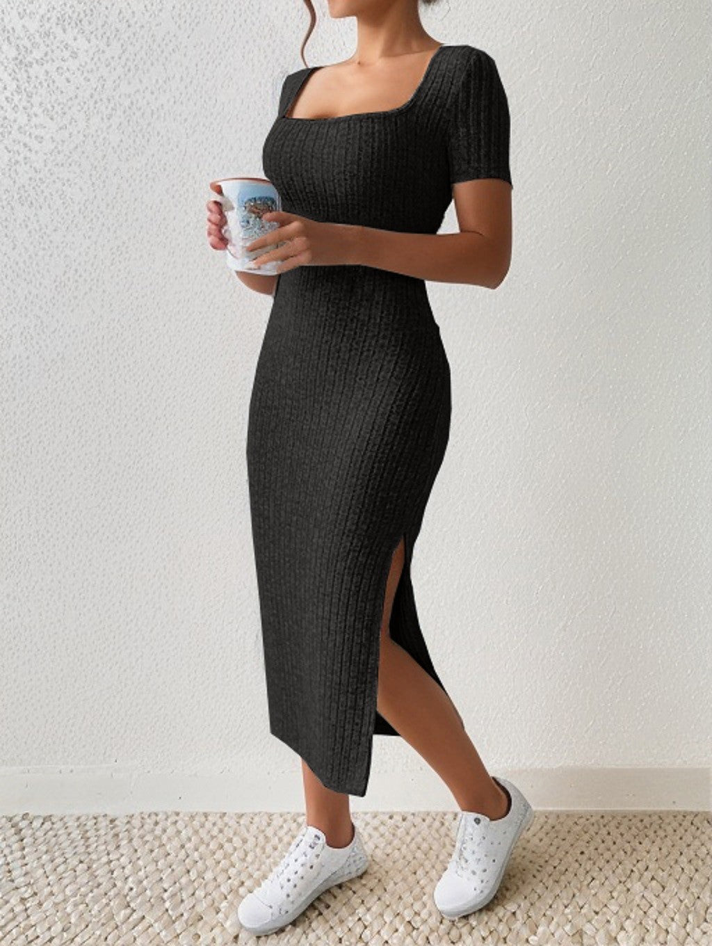 Summer Square Neck, Hip-Hugging Mid-Length Skirt, Short-Sleeved, Versatile Knitt