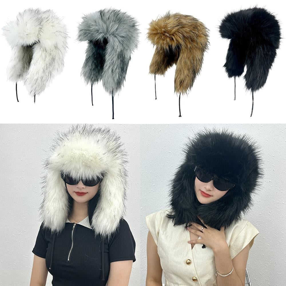 Gorro de inverno russo feminino com proteção de orelha de pele sintética, gorro corta-vento quente para senhoras, moda de luxo, chapéu de esqui de cor sólida com aba larga