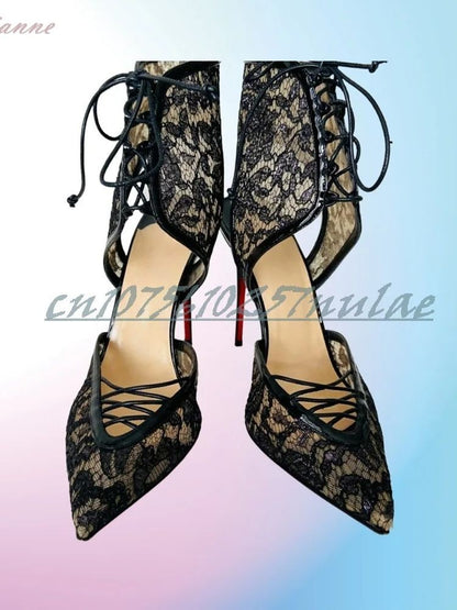 Sexy Elegant Lace Strappy Hollow Pumps Pointy Toe Black Stiletto High Heel Hot Girls Party 2025 Women Shoes Zapatos Para Mujere