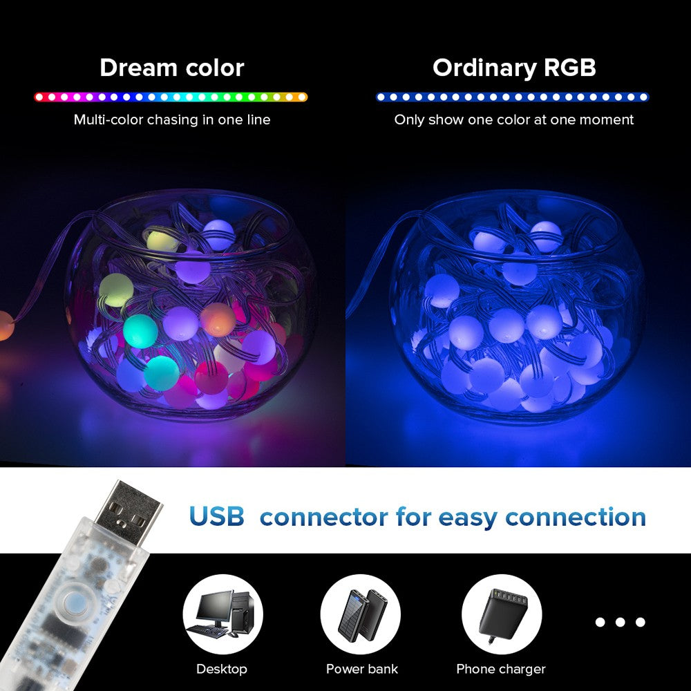 USB Christmas Lights String 5m 10m Bluetooth Music APP Remote DC5V WS2812B Party Wedding Garden Backyard Star Rugby Strawberries
