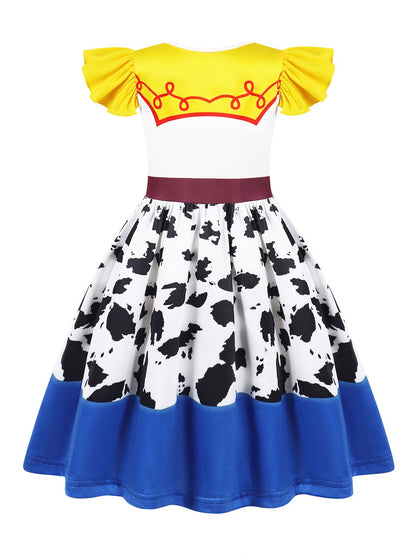 New Western-Style Dress Cartoon Movie Cosplay Dress Milk Silk 3D Digital Print Ruffled Puff Sleeves Summer Halloween Party Set