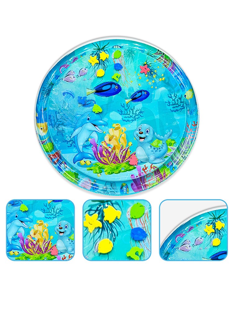 1pc 100cm/39.4inch PVC Baby Playing Water Mat Blue Round Seal Pattern Toddler Pad Kids Early Education Activity Toys Mat Cushion