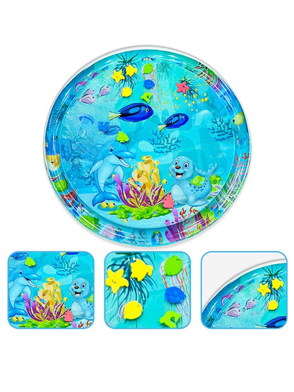 1pc 100cm/39.4inch PVC Baby Playing Water Mat Blue Round Seal Pattern Toddler Pad Kids Early Education Activity Toys Mat Cushion